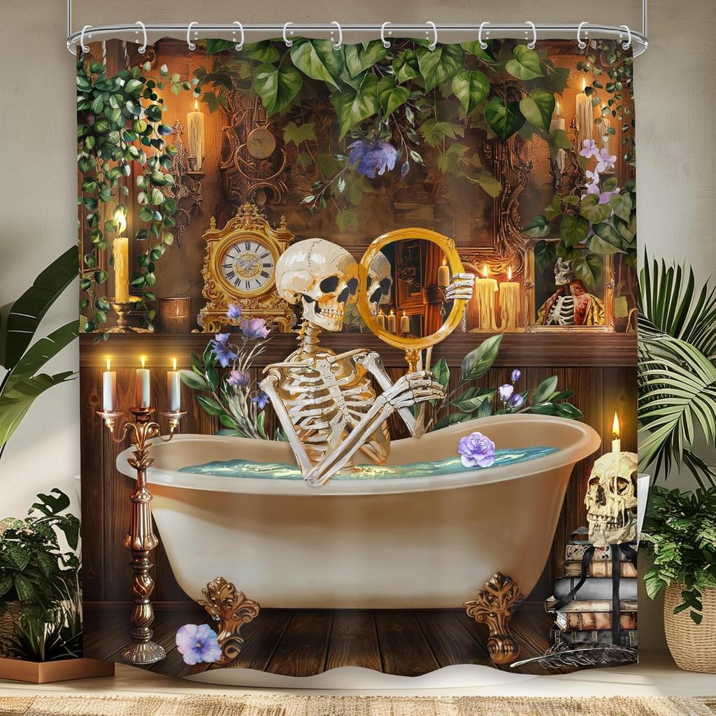 Dark Samurai Skeleton Waterproof Shower Curtain - Intricate Red Moon & Mountain Design for a Bold and Mysterious Bathroom Decor