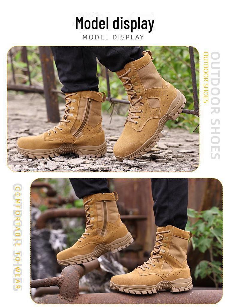 New Brown Combat Training Boots: Men's & Women's High-Top, Dustproof, Breathable Cowhide Outdoor Mountaineering Zipper Boots
