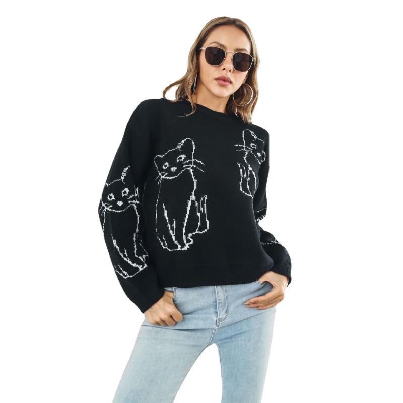 Women Loose Long Sleeve Cat Jacquard Knit Sweater