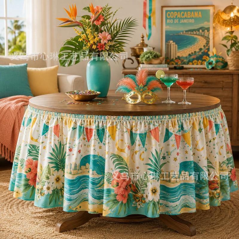Tropical Plant Print Round Tablecloth Carnival Party Decor Festive Table Skirt In Geometric Abstract Design