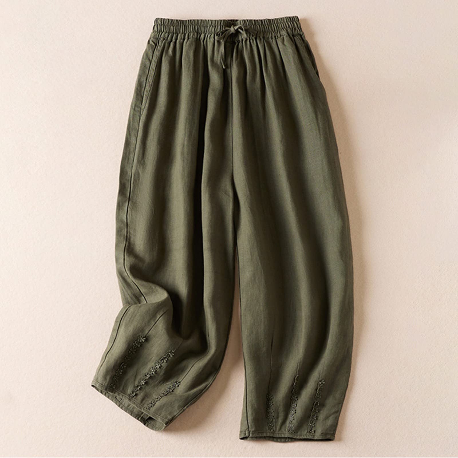 Women s Linen Wide Leg Pants Floral Embroidered Beach Summer Pants Drawstring Pants S зелёный