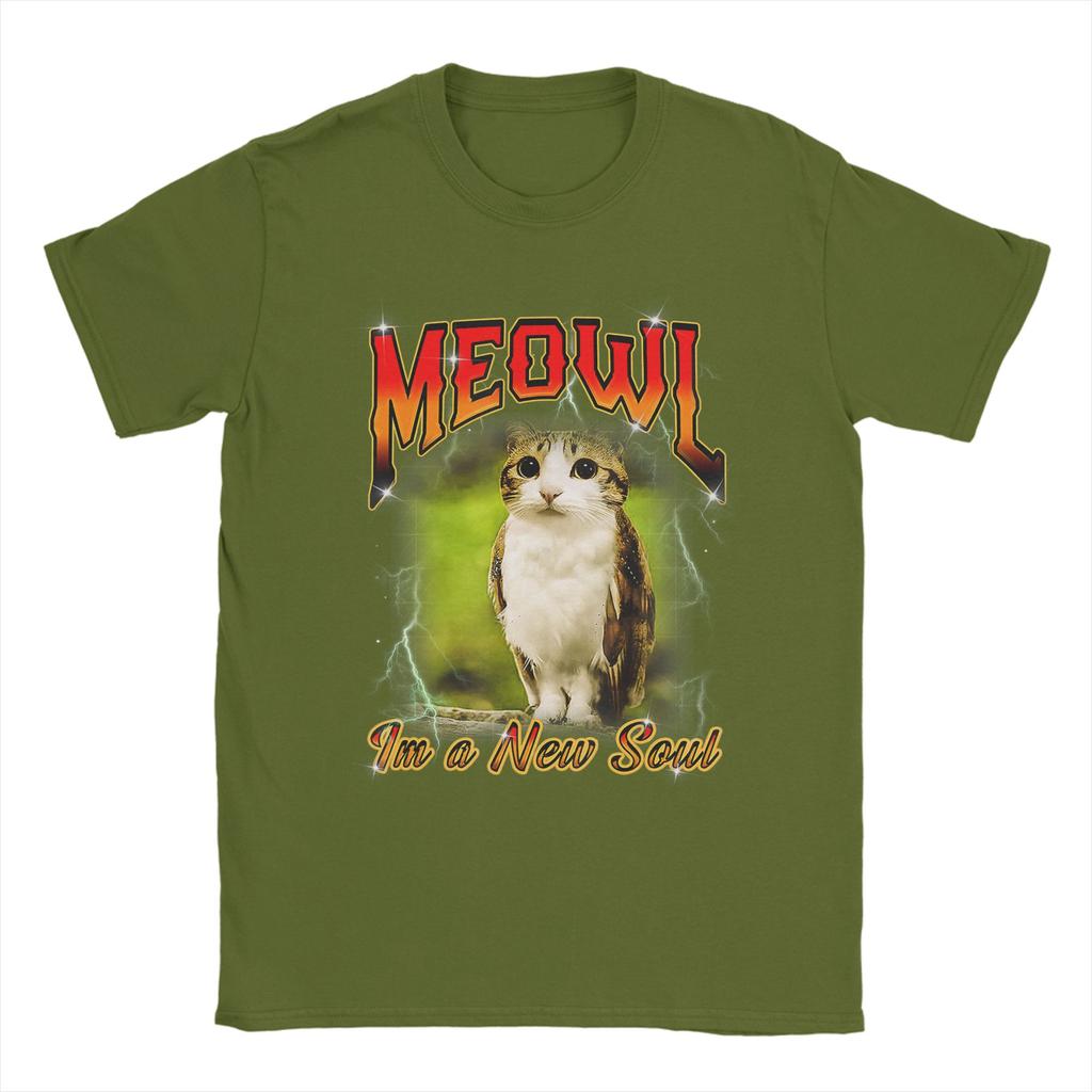 Humor Cat Owl Funny Cursed Internet Brainrot Bootleg Meowl TShirts Men 100 Cotton T Shirts Short Sleeve Plus Size Clothing