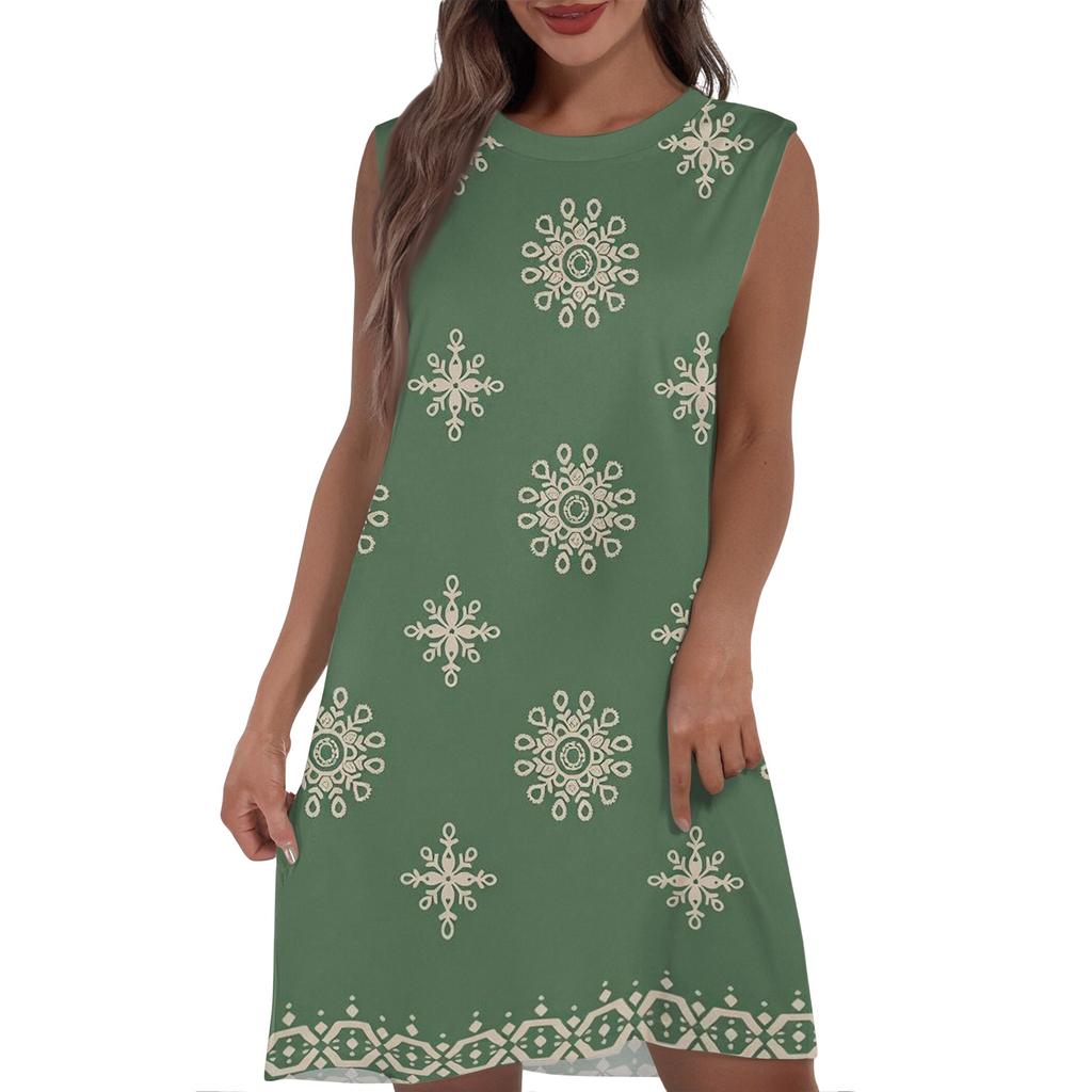 Women's Casual And Fashionable Round-neck Sleeveless Printing Mid Length Dress