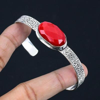 Natural Italian Coral Gemstone Bangle Adjustable 925 Sterling Silver For Women