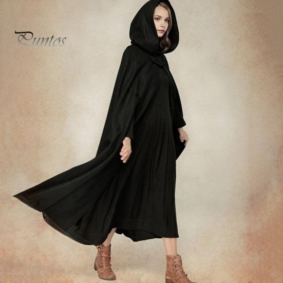Winter Women Jacket with Hood Medieval Retro Cape Gothic Keep Warm Shawl Ankle Length Loose Cloak Thick Single-Button Closure Outdoor Poncho Pirate