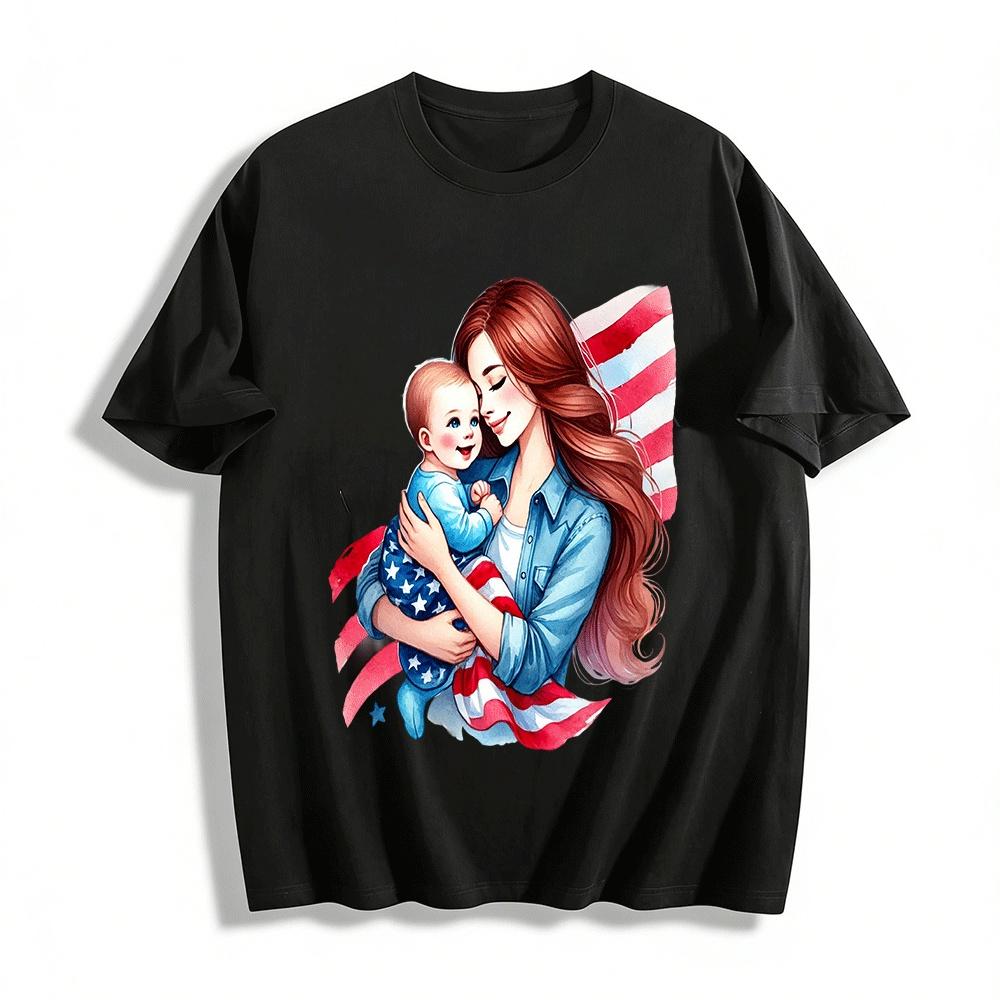 USA Flag Mom And Baby Graphic Adult T-Shirt Pure cotton T-shirt XXS