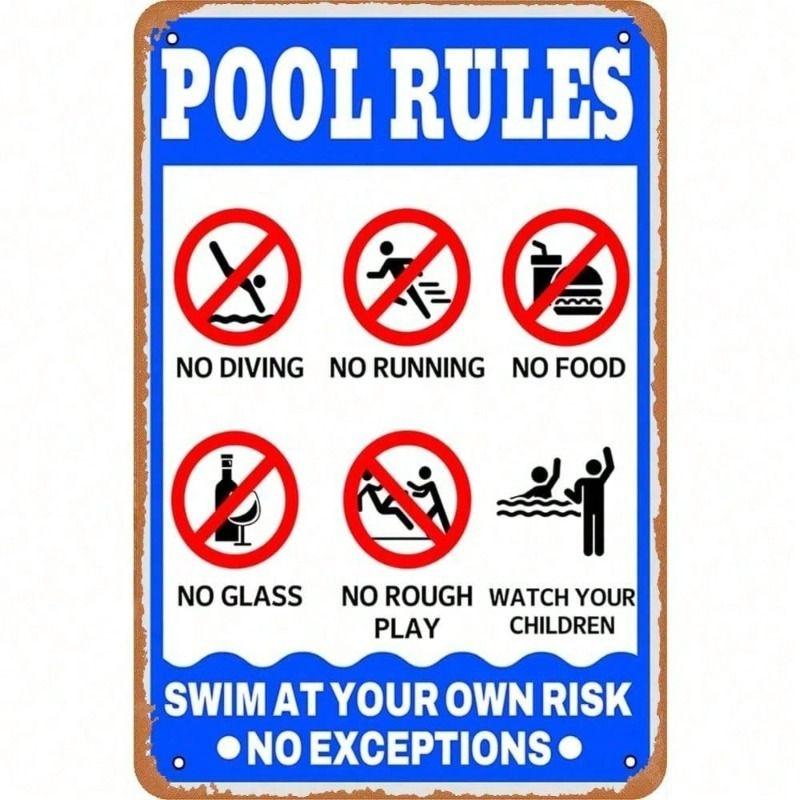 Vintage Pool Rules Metal Wall Sign, Patio Decor
