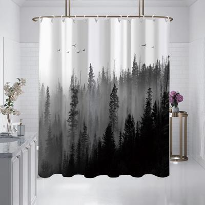 1 Piece of 180x180cm Natural Scenery Mist Forest Printed Shower Curtain Partition, Bathroom Waterproof and Mold Resistant