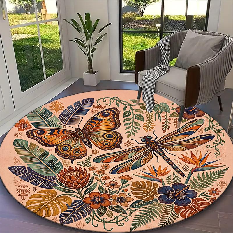 

1pc Rustic Autumn Dragonfly Floral Printed Chair Rug for Home Office Use, Living Room Kitchen Game Room Round Carpet Diameter 60cm