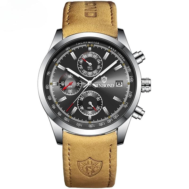 Luxury Brand New Fashion Men's Watches Real leather Strap Waterproof Sport Quartz Chronograph Military Watch Men Clock