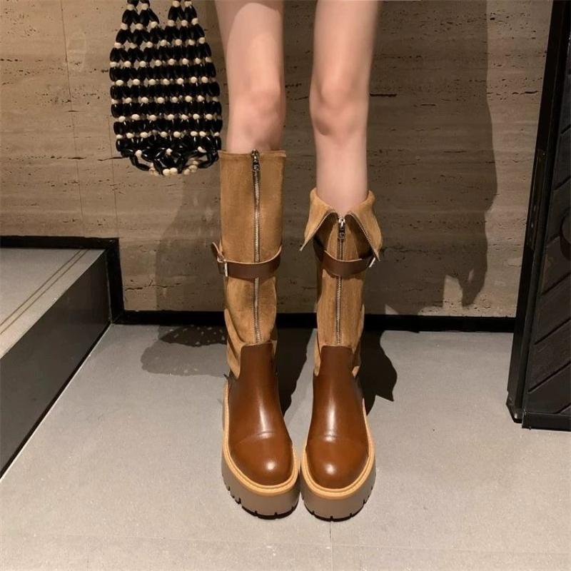 Fashion Black Belt Buckle Platform Knee High Shaft Shoes Woman Comfortable and Elegant Footwear New in Demi-season Long Boots for Women