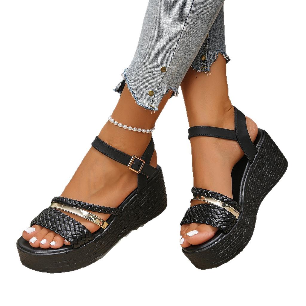 Fashion Fashion Braided Wedge Sandals for Women Summer 2025 Black Ankle Strap Platform Sandals Woman Thick Sole Non Slip Beach Sandalias