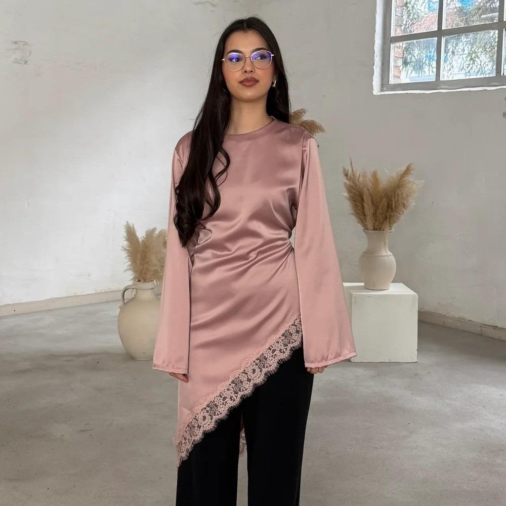 Long Sleeve Drooping Style Blouse Lace Lower Hemline Long Shirt Irregular Dress Commute Outing