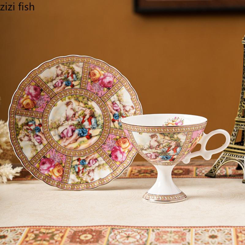 European Retro Ceramic Mug Coffee Cup and Saucer High Footed Flower Tea Cups Afternoon Tea Mug Water Cup Breakfast Cups Milk Mug