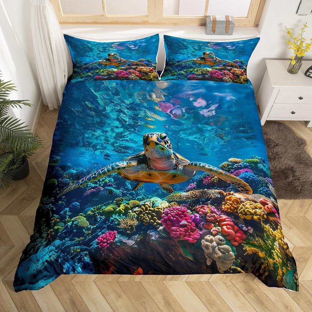 Sea Turtle Duvet Cover 3D Turtle Bedding Set Ocean Marine Theme Comforter Cover For Boys Girls Underwater Animal Pattern Bed Set