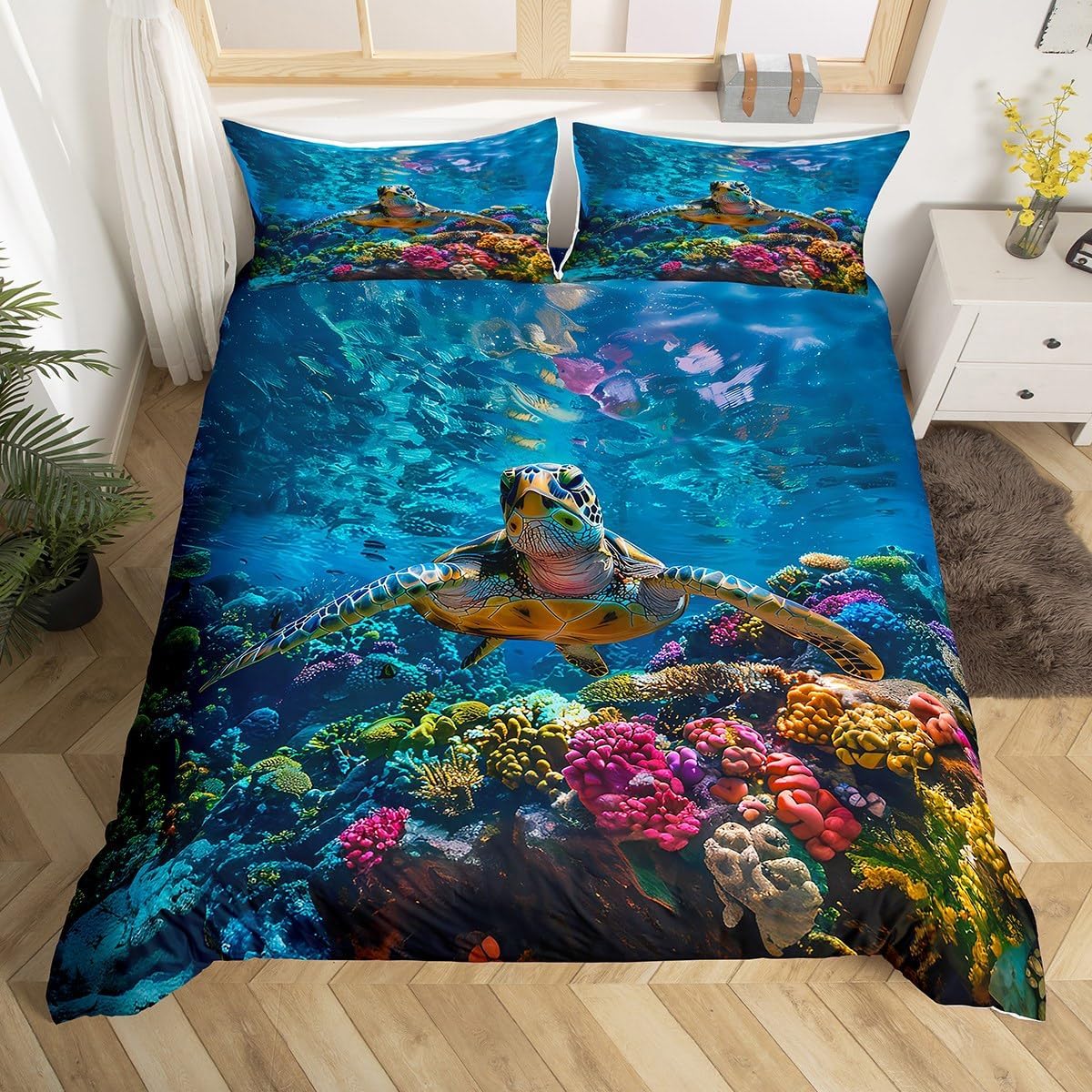 Пододеяльник «Морская черепаха» 3D Комплект постельного белья «Черепаха» Одеяло с морской тематикой для мальчиков и девочек Комплект постельного белья с рисунком подводных животных EU Single(135x200cm)