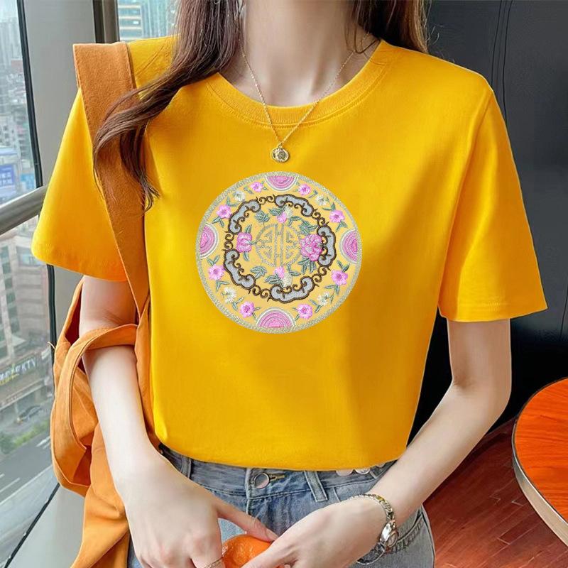 VEZFAA Damenmode Casual Sommer Frühling Blumenmuster Druck Kurzarm O-Ausschnitt Blusen & Hemden