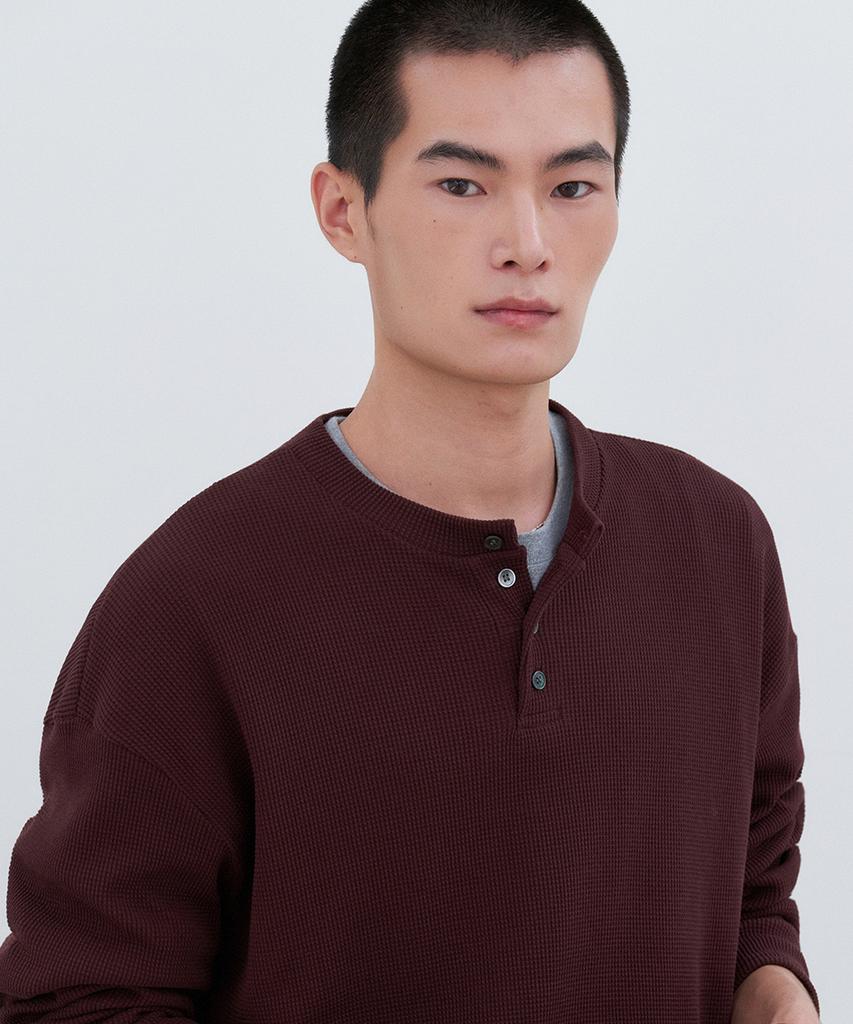 LEIRE Waffle Henley Neck Long Sleeve T-Shirt [Burgundy]