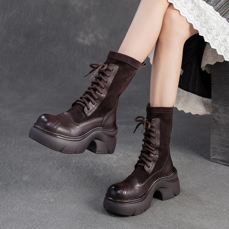 Fashion GKTINOO Autumn Winter Genuine Leather Boots For Womem Shoes Thick Soled High Heel Mid-Calf Stretch Boots Lace Up Ladies Pumps
