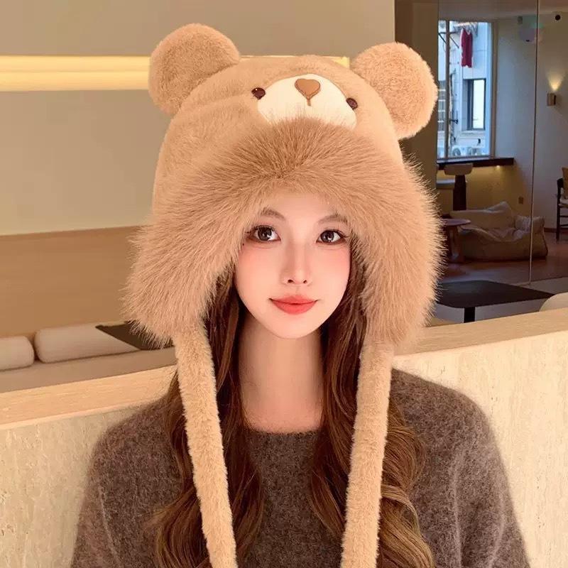 Plush Bear Hat Cute Face Small Windproof Warm Ear Protection Versatile Pullover Hat