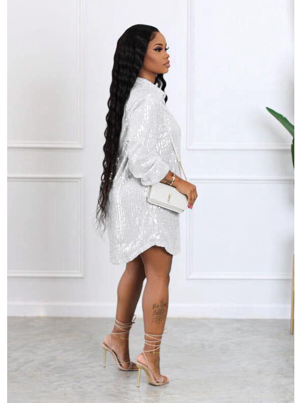 European and American Women's Solid Color Sequin Loose Shirt Dress