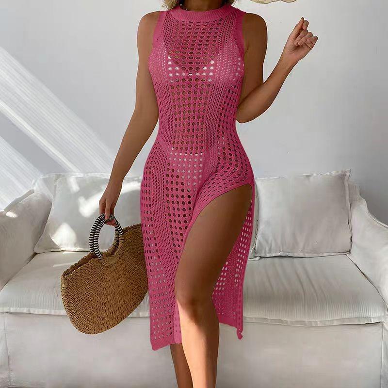 Elegant New O-neck Sleeveless See Through Women Knitted Dress Fashion Hollow Out Summer Vacation Sexy Dresses High Slit Beach Sunscreen Covers