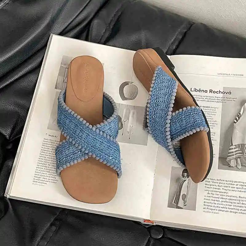 2025 Summer Women Fashion Weave Cross Slippers Casual Comfort Wedges Heel Beach Vacation Slides Shoes