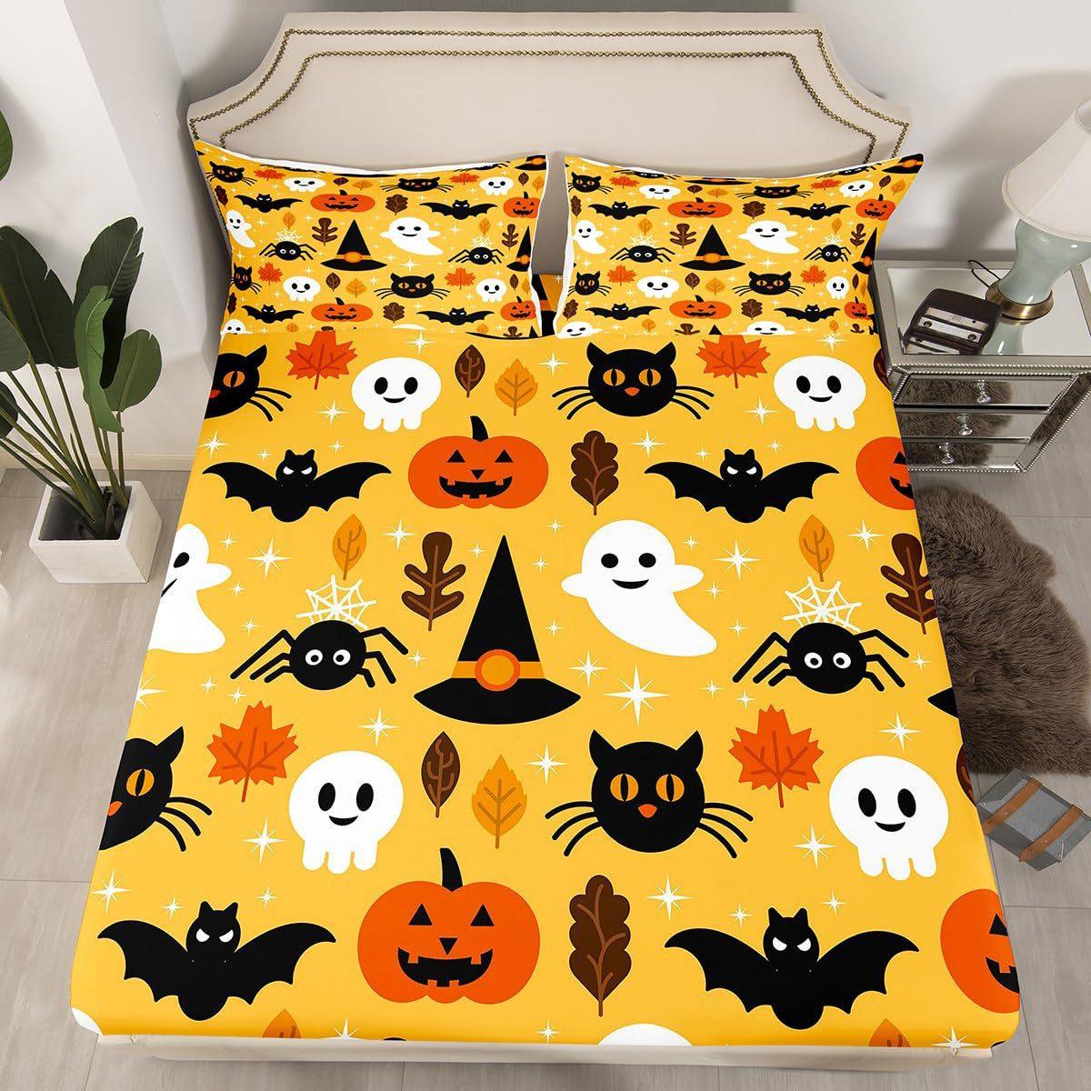 Halloween Pumpkin Ghost Bat Pattern Mattress Three-Piece Digital Printing Mattress Bedding Set 90 * 190 * 30cm (3pcs set)