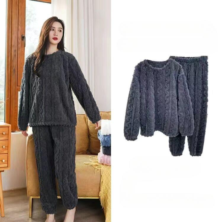 Coral Fleece Pajama Set Women's Yoga Sets Warm Windproof Jacquard Set Winter Thick Soft Fleece Women's Couple Casual Coldproof