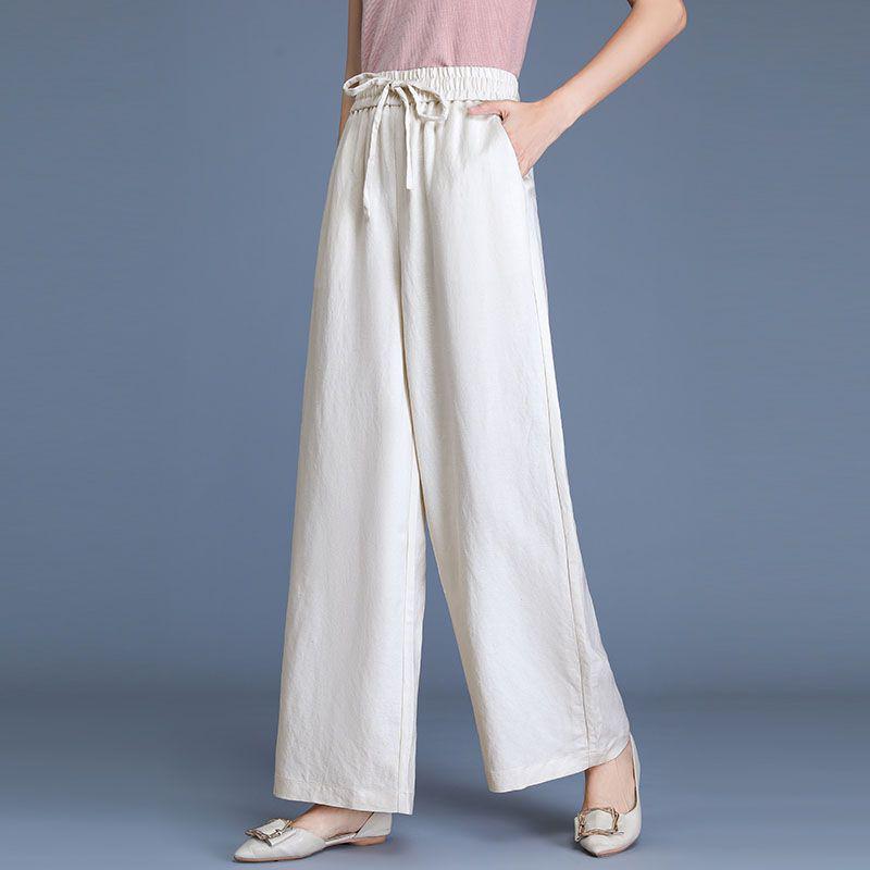 Ice Silk Cotton Linen High-Waist Wide-Leg Cropped Pants - Casual Loose Summer Style for Women