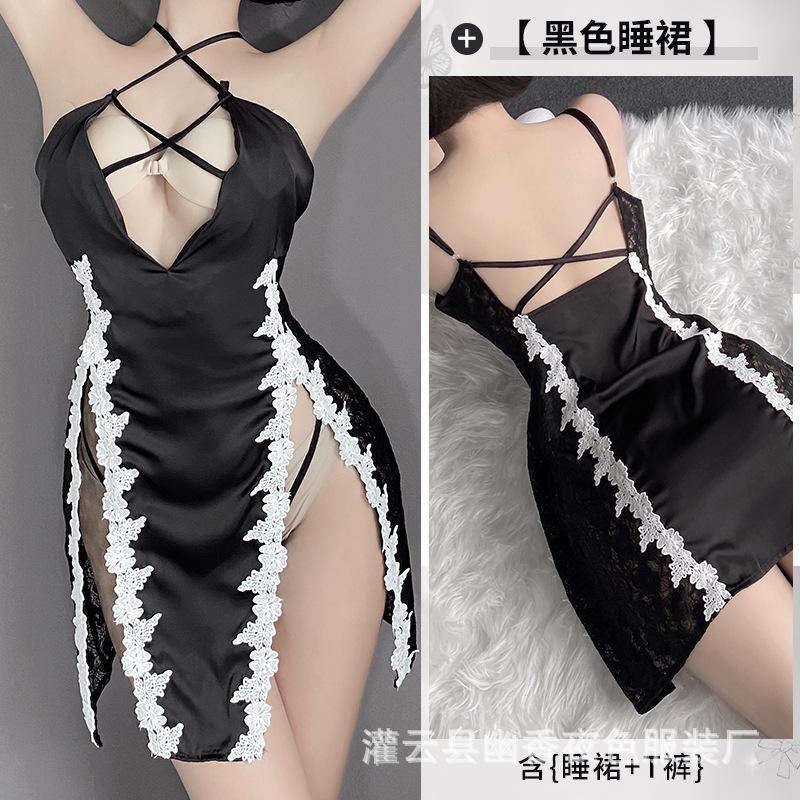 

Тонкое женское сексуальное нижнее белье глубокий V соблазн разрез сбоку вышивка подтяжки ночная рубашка галстук M size (80-57.5 kg) чёрный