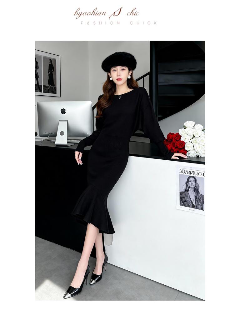Elegant Black Mermaid Skirt Dress: Women's Long Sleeve, Over-the-Knee Knitted Style