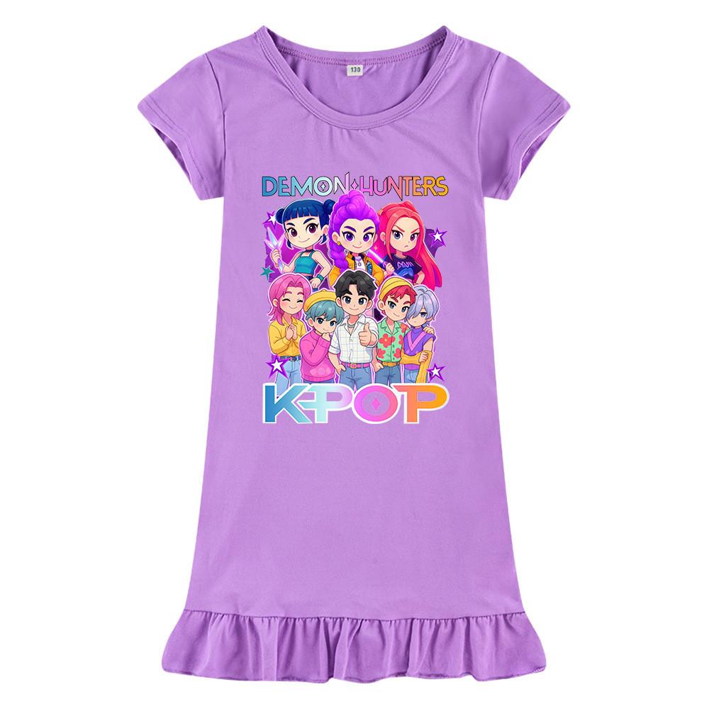 

M1201 Kids Girls Kpop Rumi Zoey Mira Print Short Sleeves Ruffle Dress 150cm фіолетовий