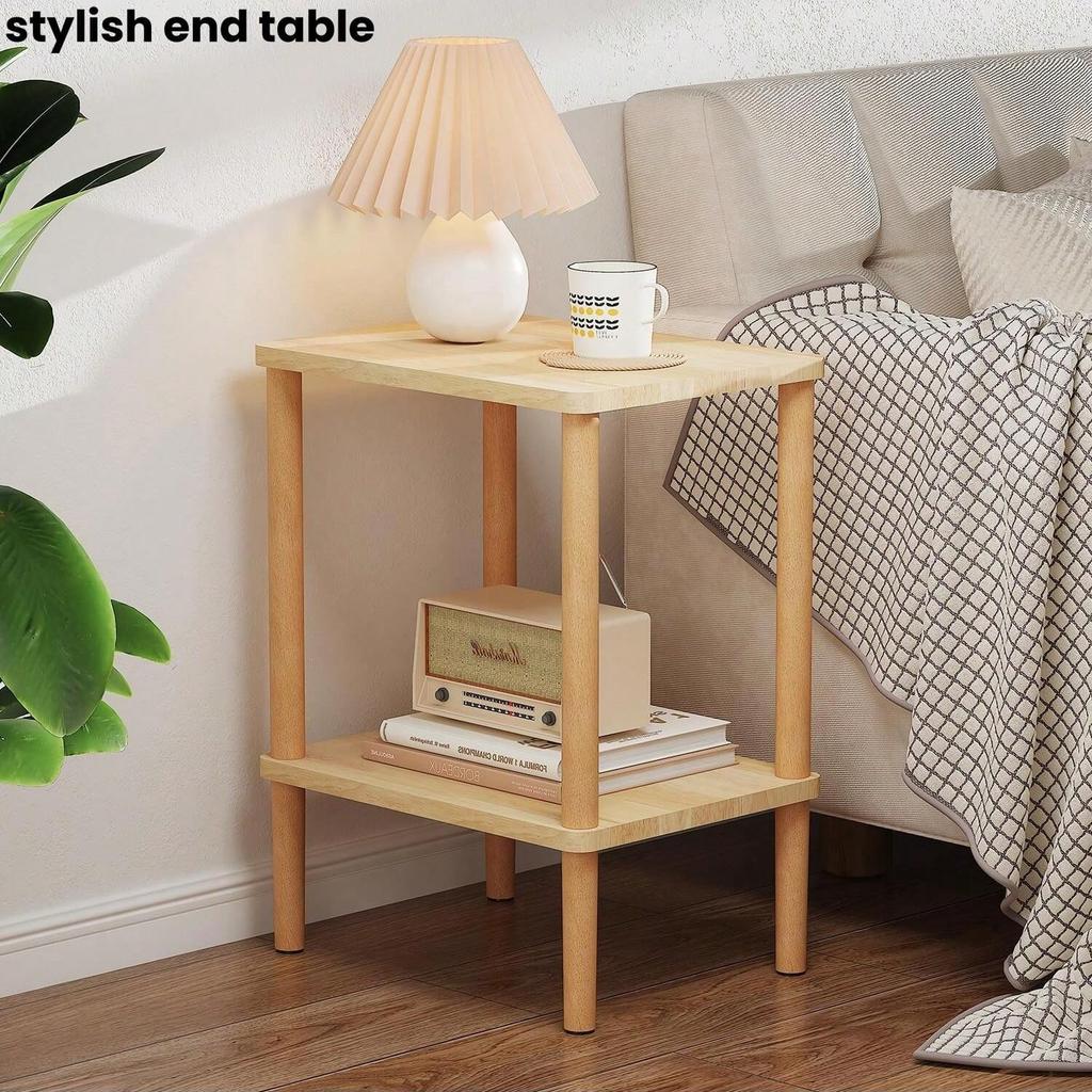 Solid Wood Side Table2-Tier Boho End Table With Storage Shelfslim Nightstand Bedside Table For Small Spacesliving Room