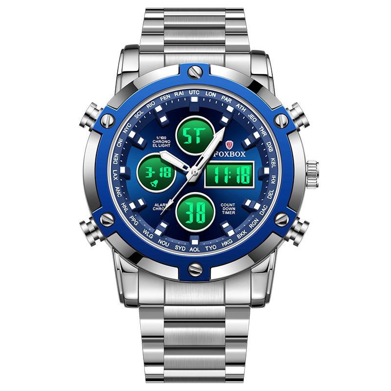 FOXBOX Digital Mens Watches Full Steel Strap Quartz Wristwatch 3 Time Back Light Display Countdown Clock Relogio Masculino