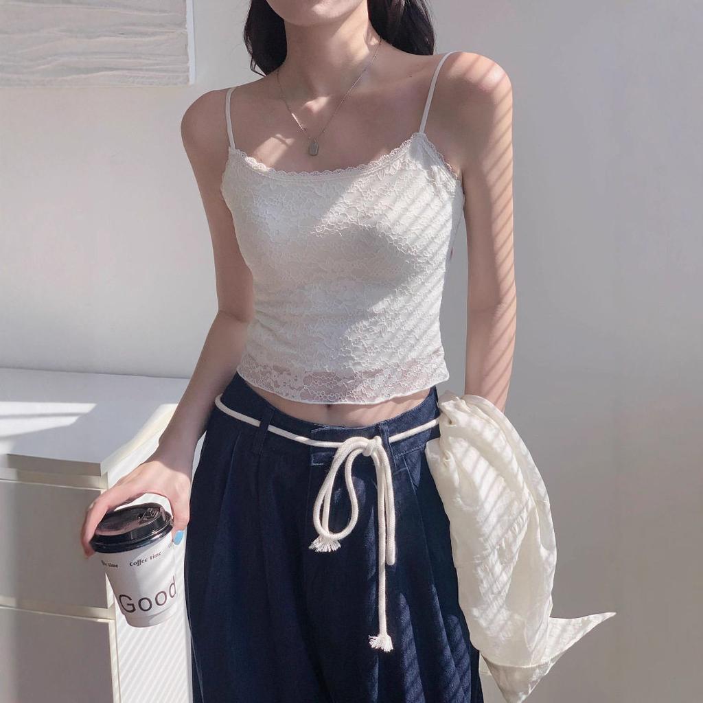 Women Lace Spaghetti Strap Camisole Top Generic Slim Fit Sleeveless Lace Cami Tank Top for Daily Wear, Milk White, Black, White Model LC‑0824