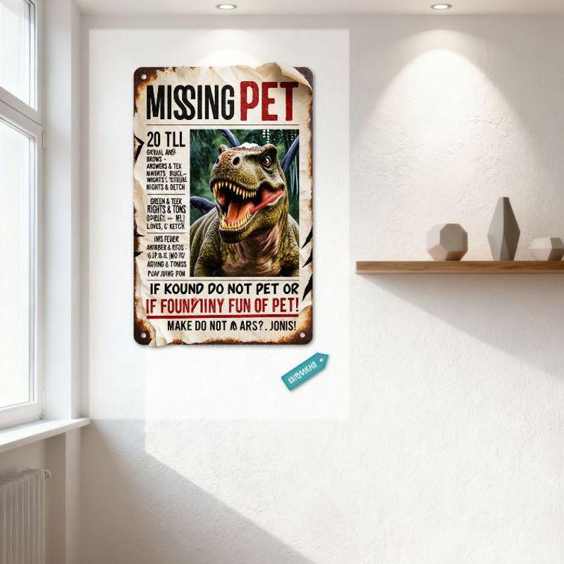 Vintage Missing Green Dinosaur Newspaper Ad Style Metal Tin Sign - Retro Humorous Absurd Pet Poster for Home/Bar/Cafe Man Cave D
