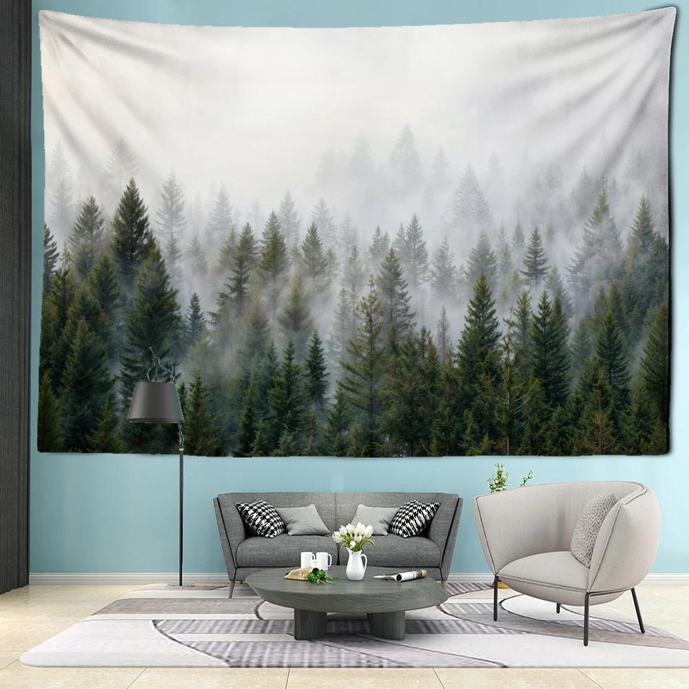 White Background Misty Pine Forest Tapestry Wall Hanging Simple Modern Art Landscape Dormitory Living Room Home Decor