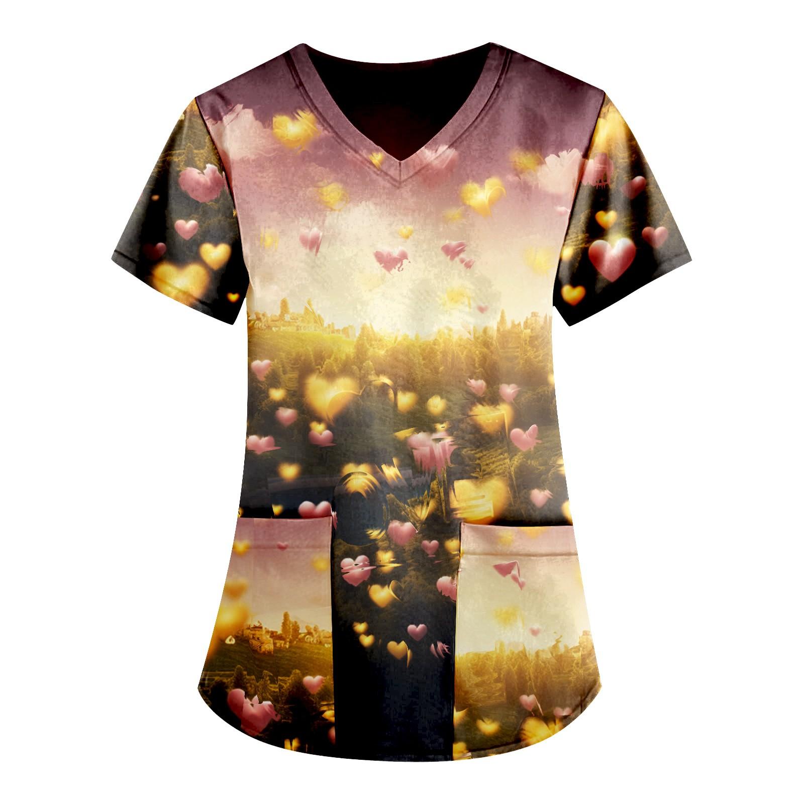 

Женская мода, рабочая одежда с v-образным вырезом, короткими рукавами и карманами, топы с принтом ко Дню святого Валентина XL жёлтый