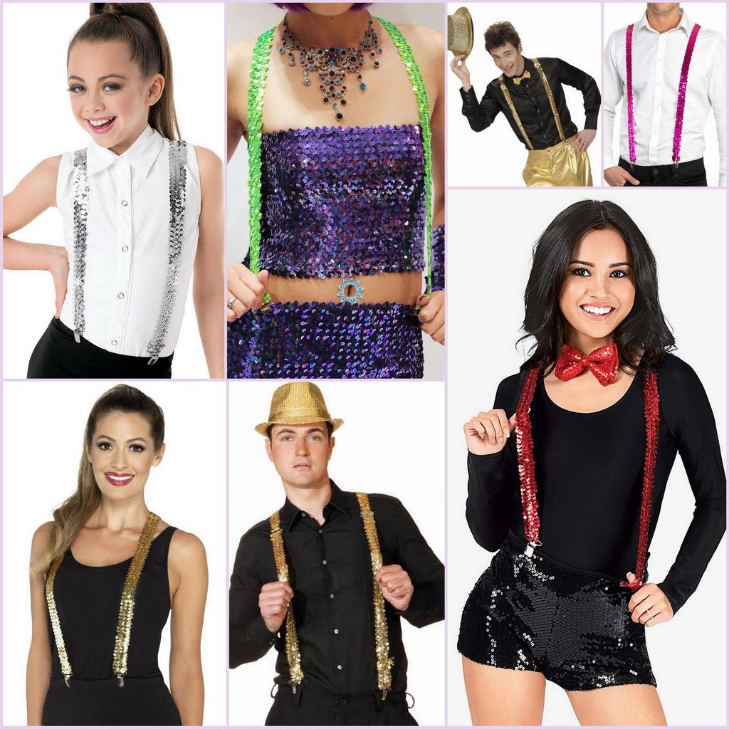 Unisex Sequin Y Back Suspenders 3 Clips Adjustable Elastic Braces