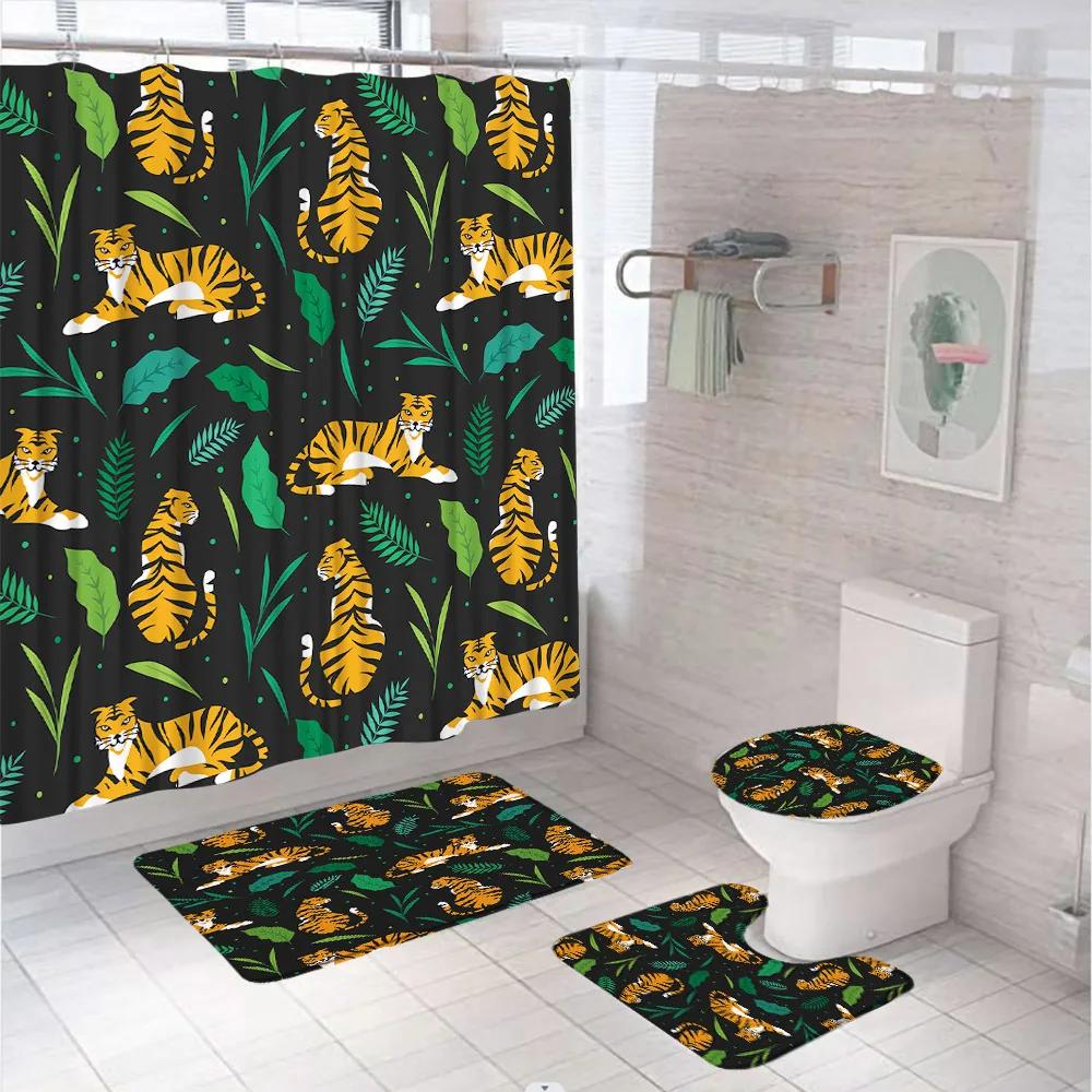 Tiger Shower Curtain Set Tropical Palm Leaf Wildlife Animal Jungle Zebra Leopard Bathroom Curtains Rug Bath Mat Lid Toilet Cover