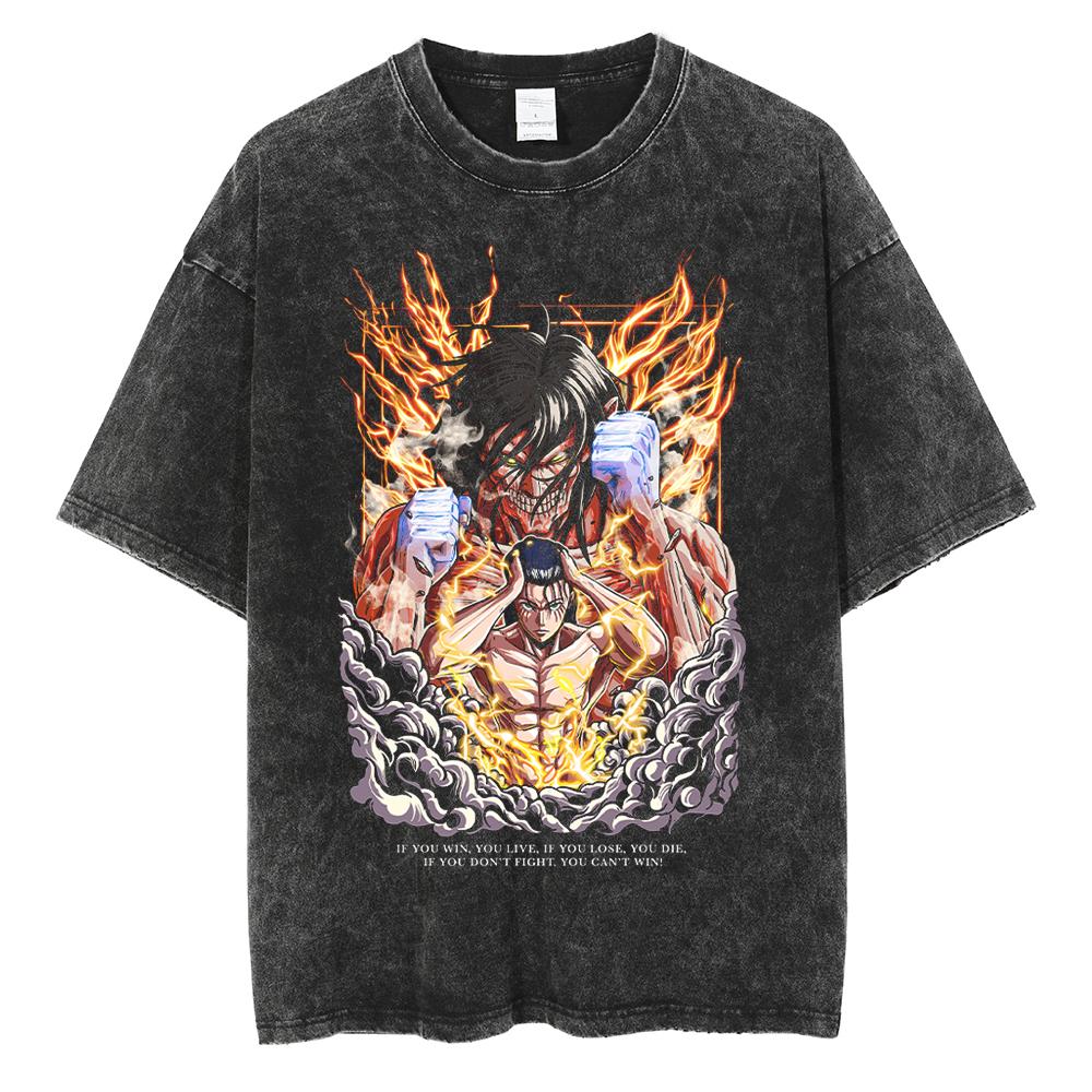 Eren Jager Attack on Titan Summer Streetwear Washed T-Shirt Anime Graphic Print TShirt Men Harajuku Cotton Oversize Vintage Tee