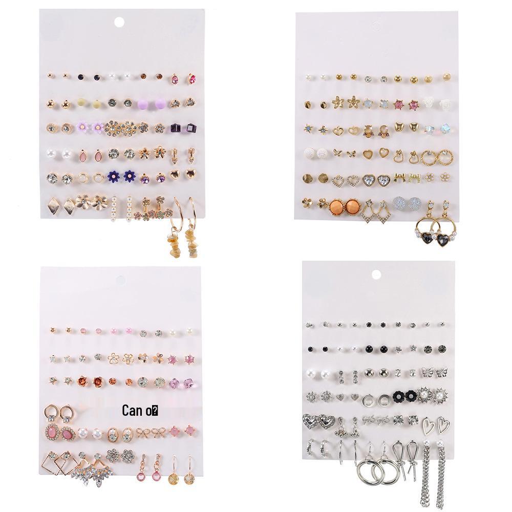 Korean Rhinestone Flower & Pearl Stud Earrings Set: 30 Pairs with Geometric, Heart, and Bow Designs