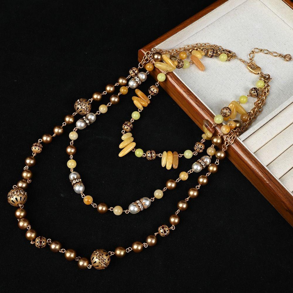 Pearl and Shell Beaded Long Necklace Vintage Three Layers Necklace Antique Necklace  Women Girls