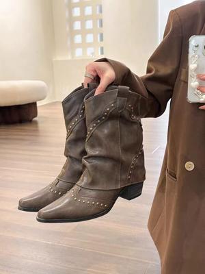 Footwear Pointed Toe Cowgirl Women's Boots Half High Shoes for Woman Denim Cowboy Middle Heel Mid Calf Fashion 2024 Trend Hot Pu