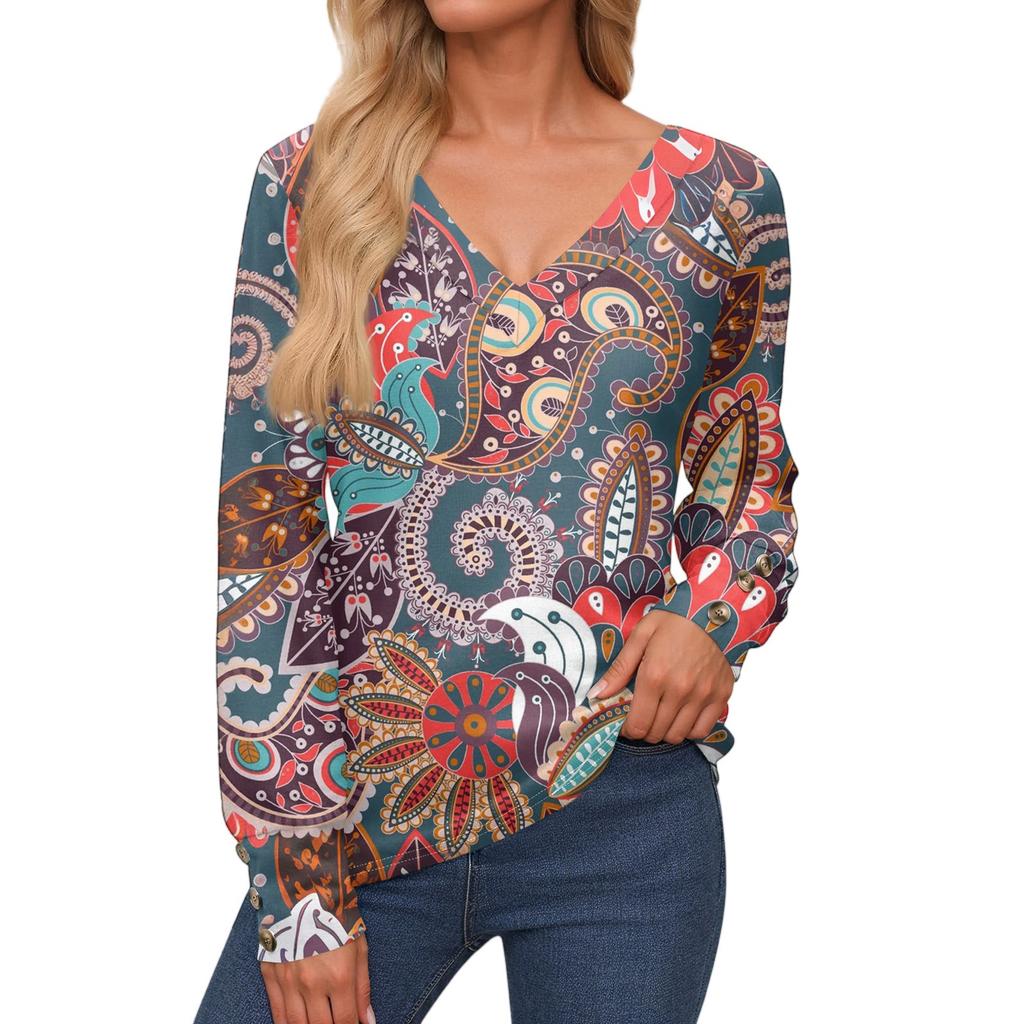 Damenoberteile Langarmmanschetten Button-Up-Hemd V-Ausschnitt Lässiges Lockeres T-Shirt Blumenoberteile