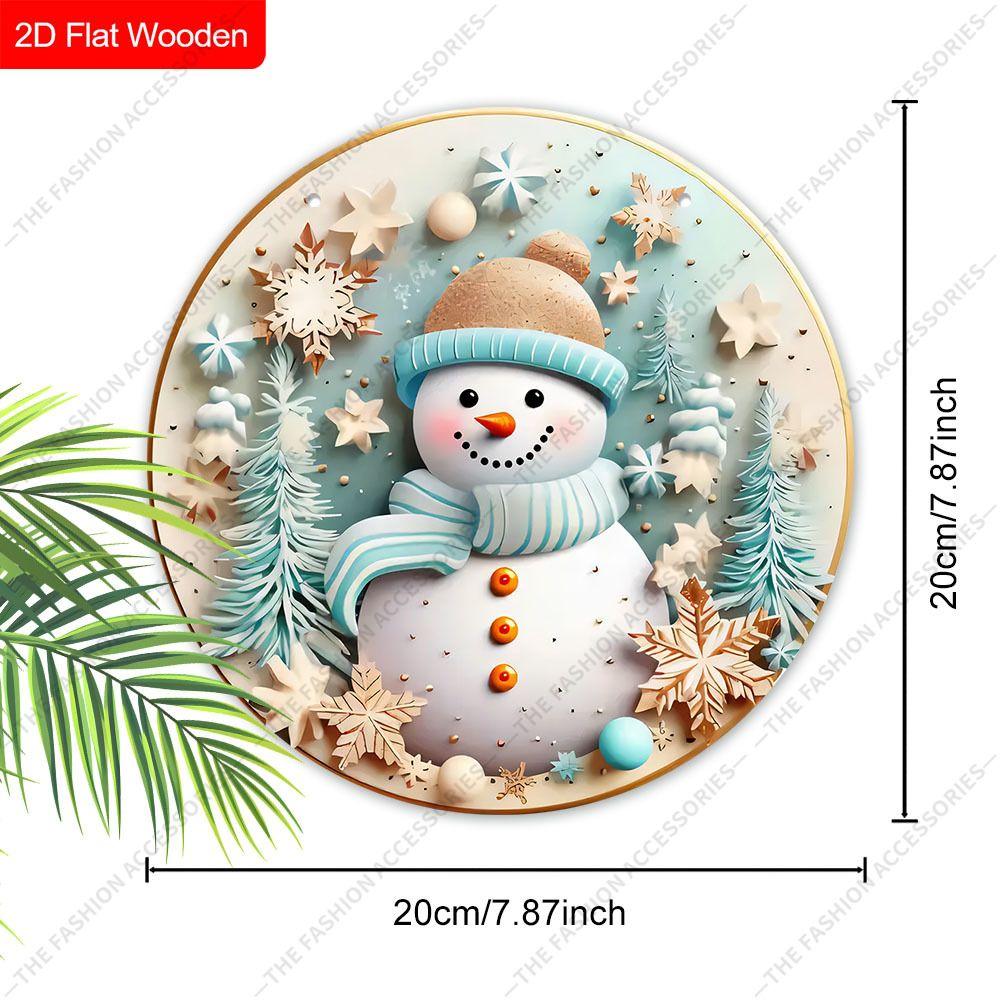 Blue Striped Snowman Snowflake Round Wooden Hanging Sign, 2D Flat Printed Christmas Wall Door Ornament, Winter Xmas Home Decor Gift