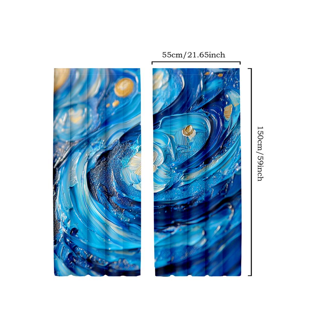 2pcs Classic Starry Night Polyester Curtains Blue Van Gogh Inspired Design Bedroom & Living Room Decor 52x84 Inches Each Pane