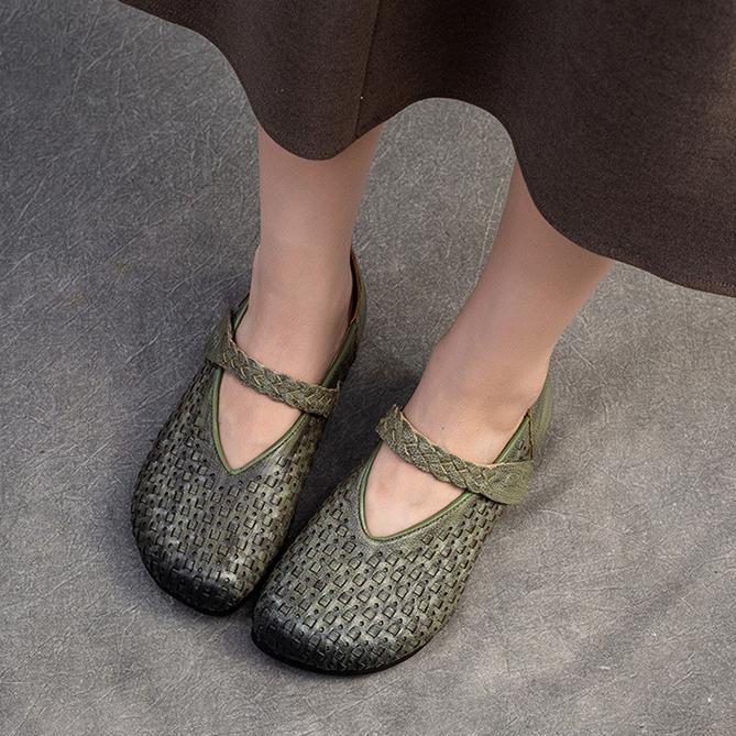 Johnature Bombas Retro Cuero Genuino Suela Suave Gancho y Lazo Cómodos Zapatos de Mujer Versátiles