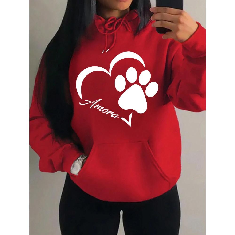 Love And Little Cat Foot Creative Print Women Hoody Fashion Autumn Sweatshirt Pocket Hoodie Sport Style Comfortable